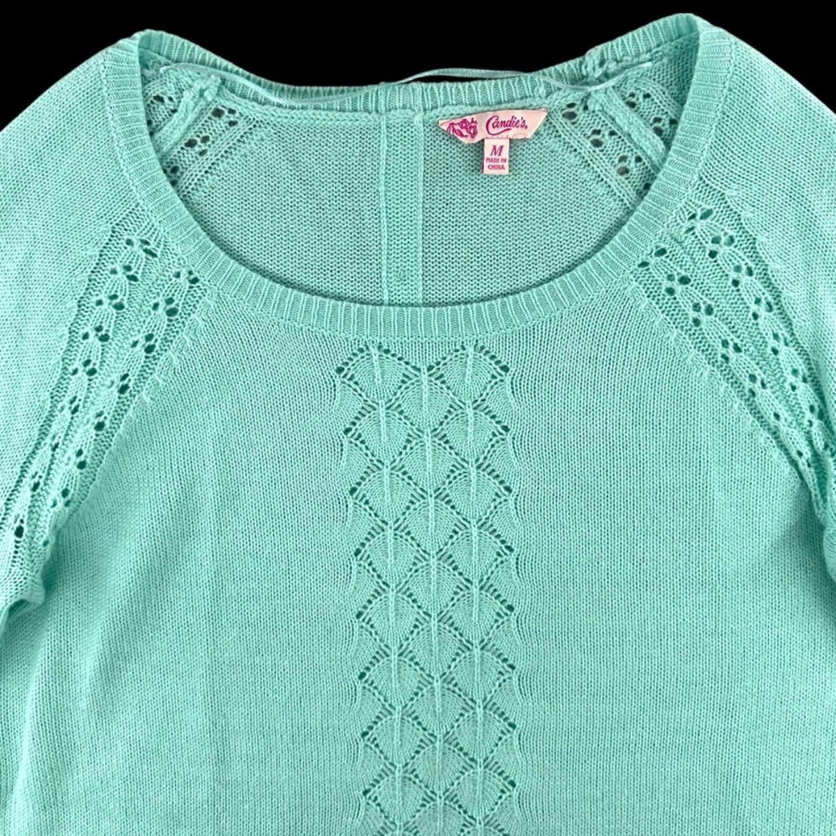 Candie's Vintage Mint Green Crewneck Sweater with Open Knit Crochet Pattern Y2K
