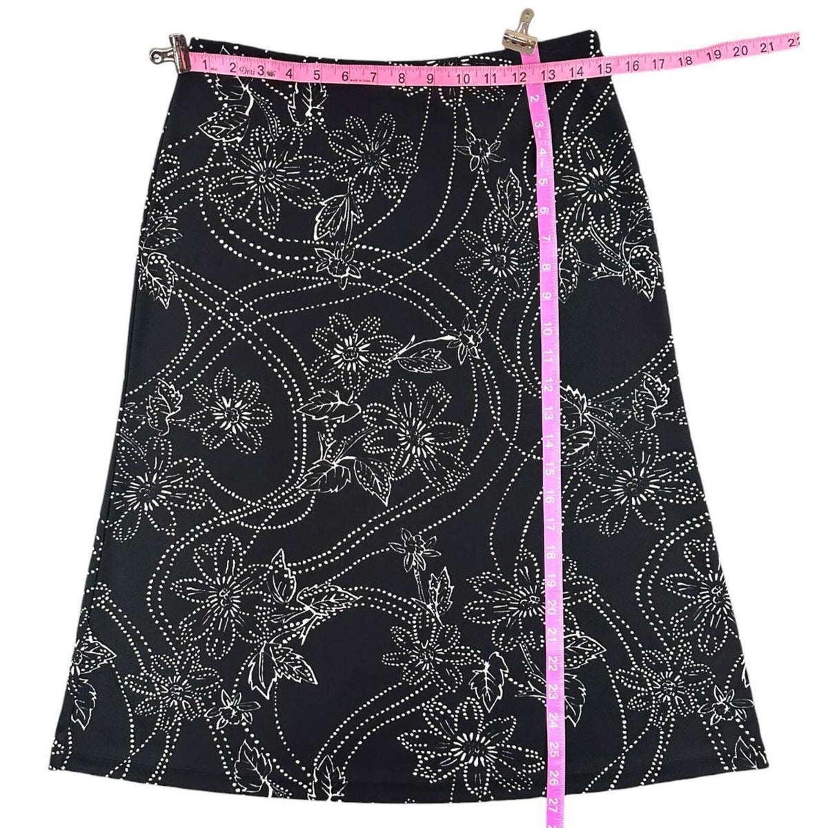 New York & Company Vintage 90s Black & White Floral Dotted A Line Midi Skirt Y2K