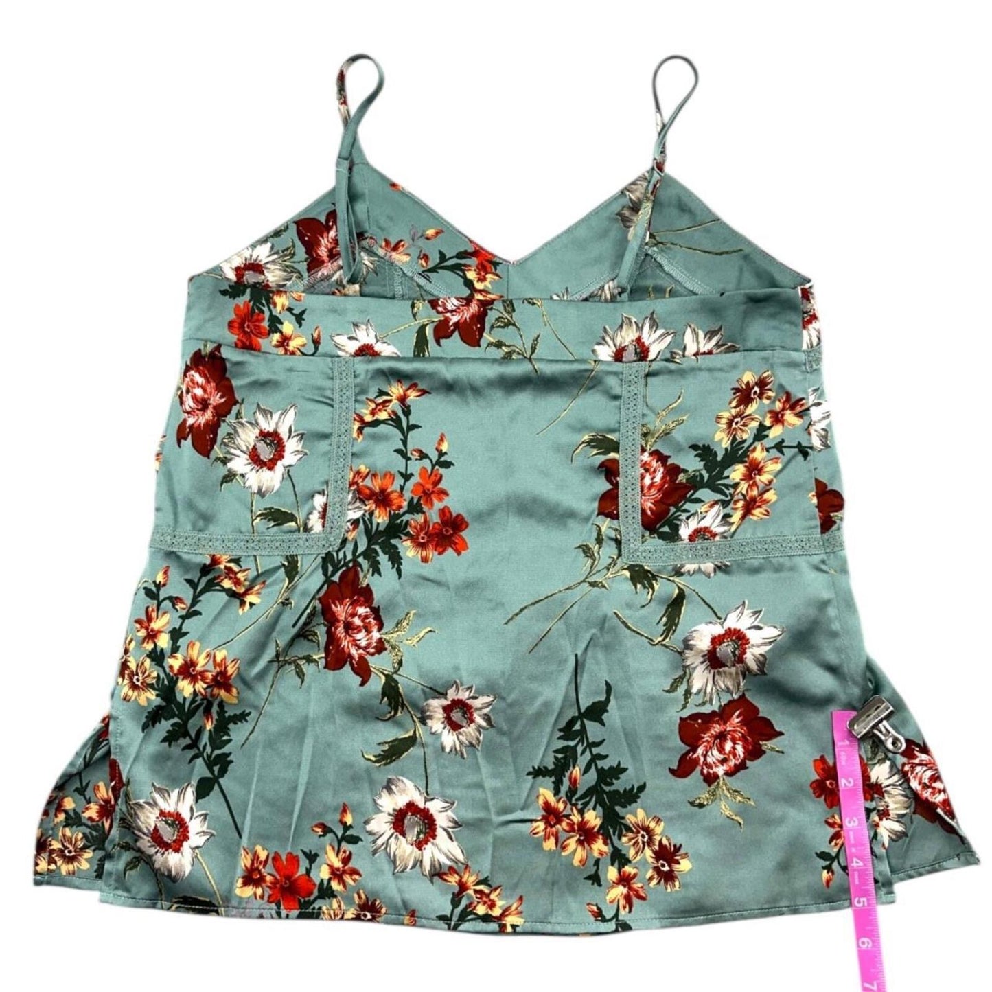 Doe & Rae Satin Floral Camisole Top in Teal with Lace Trim and Pintuck Pleats