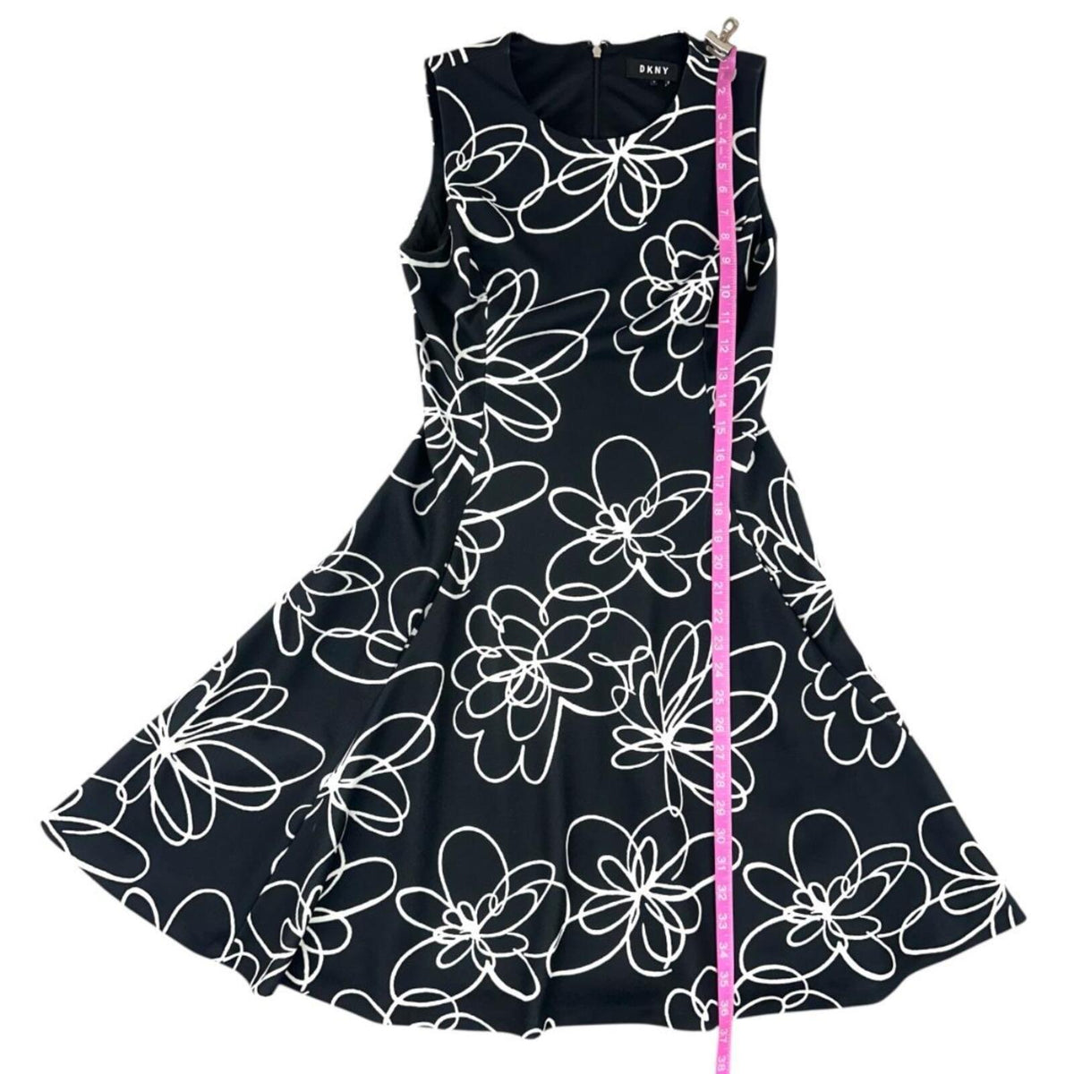 DKNY Sleeveless Fit and Flare Dress Black with White Floral Print