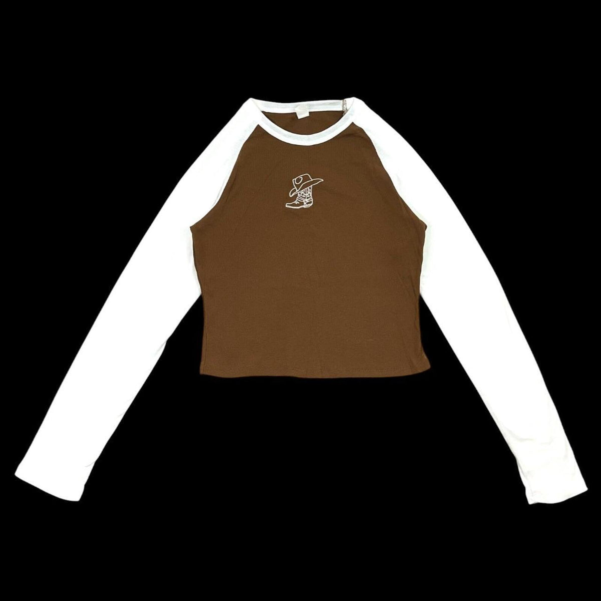 Y2K Cowboy Core Brown and White Raglan Long Sleeve Baby Tee with Embroidery