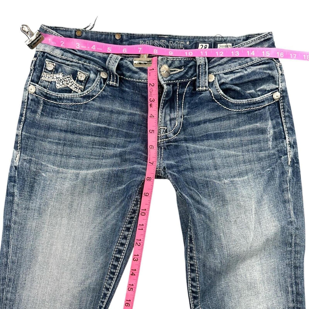 Miss Me Y2K Denim Jeans Mid Rise Straight Leg Blue with Rhinestone Embellished