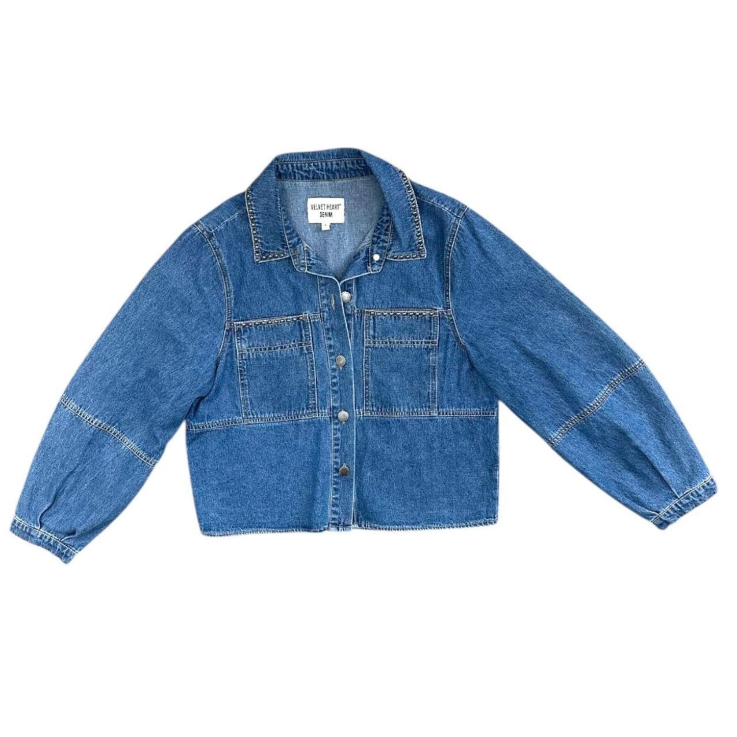 Velvet Heart Denim Cropped Jacket with Studded Details and Balloon Sleeves