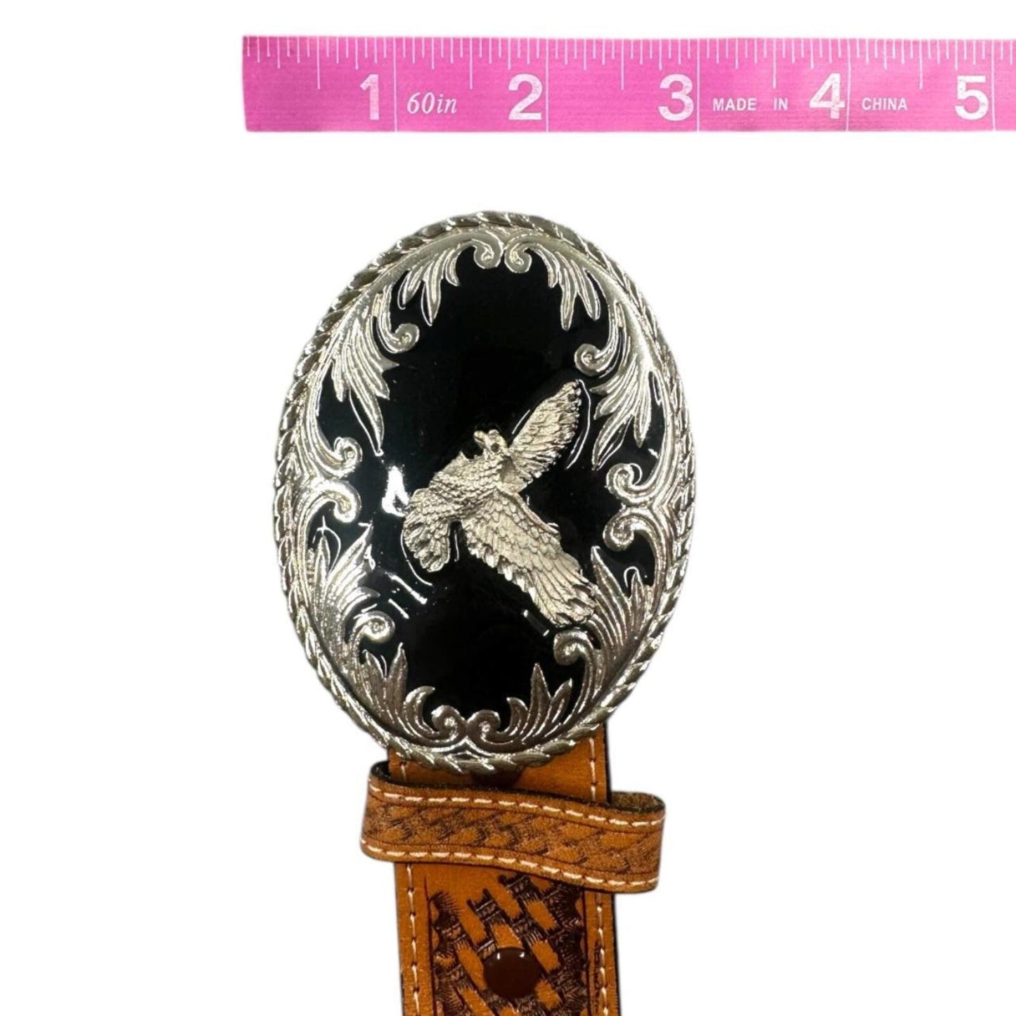 Western Style Tooled Leather Belt With Silver Eagle Buckle