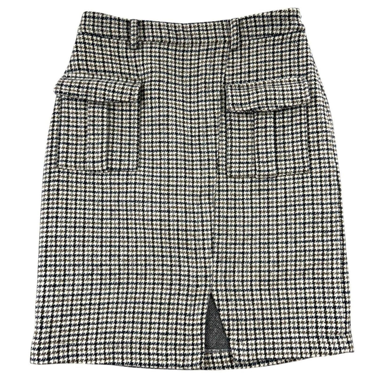 Roocool Black and Tan Houndstooth Mini Skirt with Front Pockets and Slit