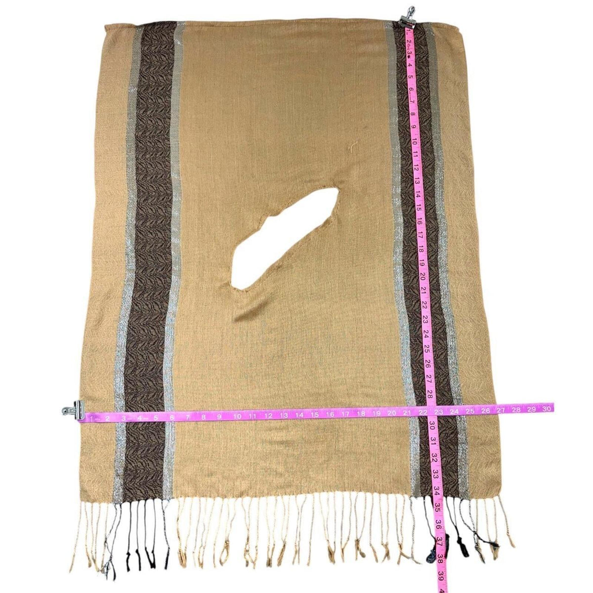 Boho Tan and Brown Fringe Poncho with Cutout and Woven Pattern