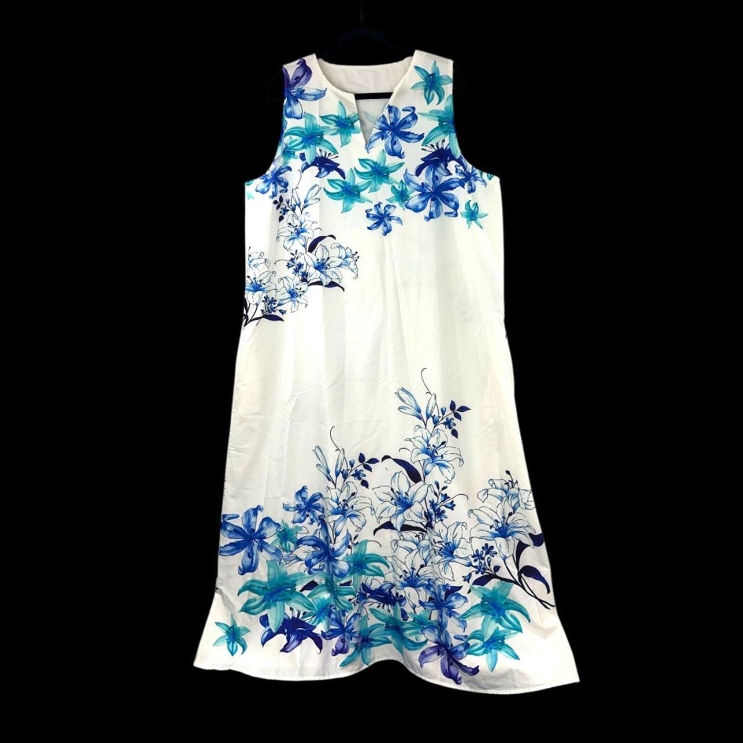 White Sleeveless Maxi Dress with Blue Floral Print Bohemian Retro