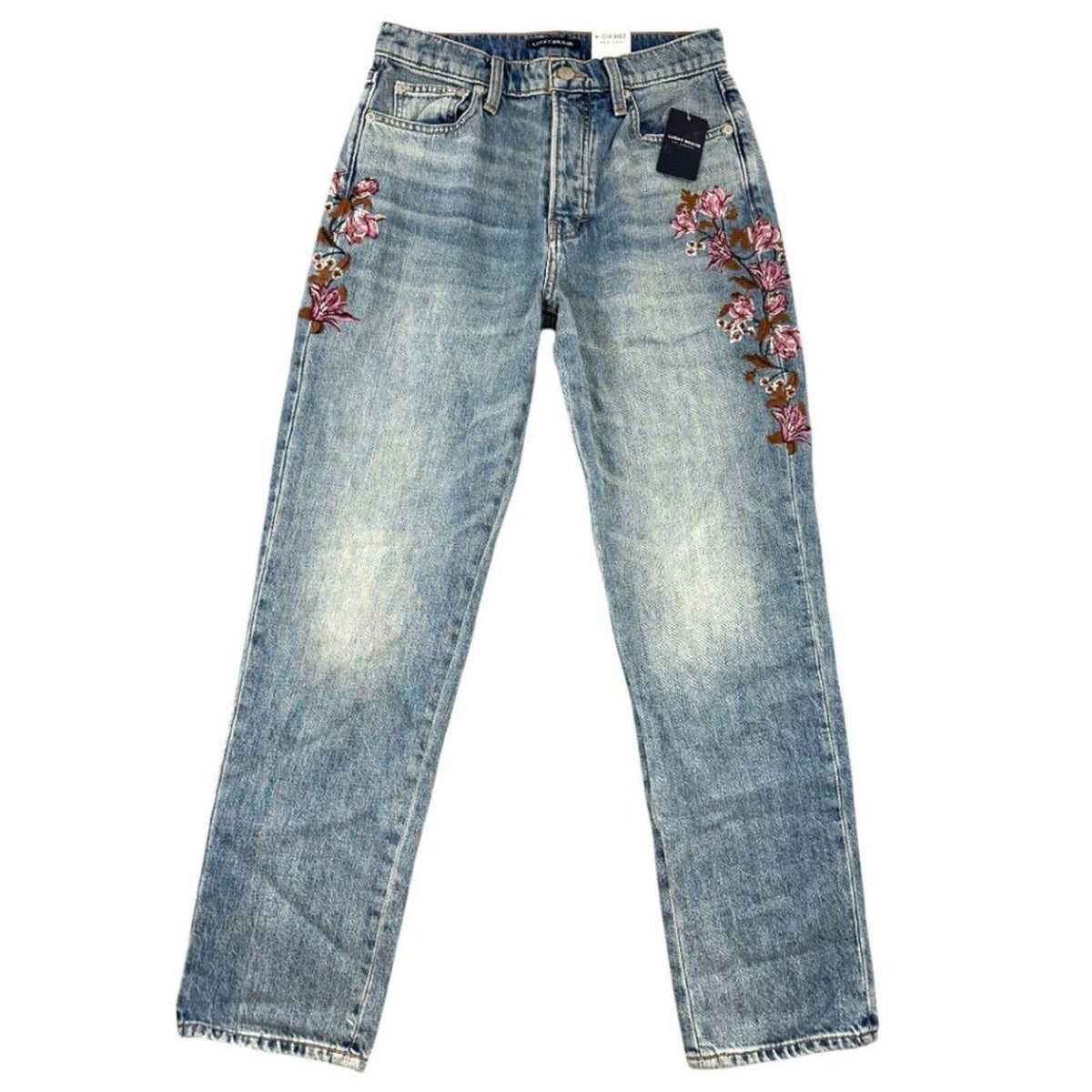 Lucky Brand Drew Floral High Rise Mom Jeans Blue Denim with Pink Embroidery