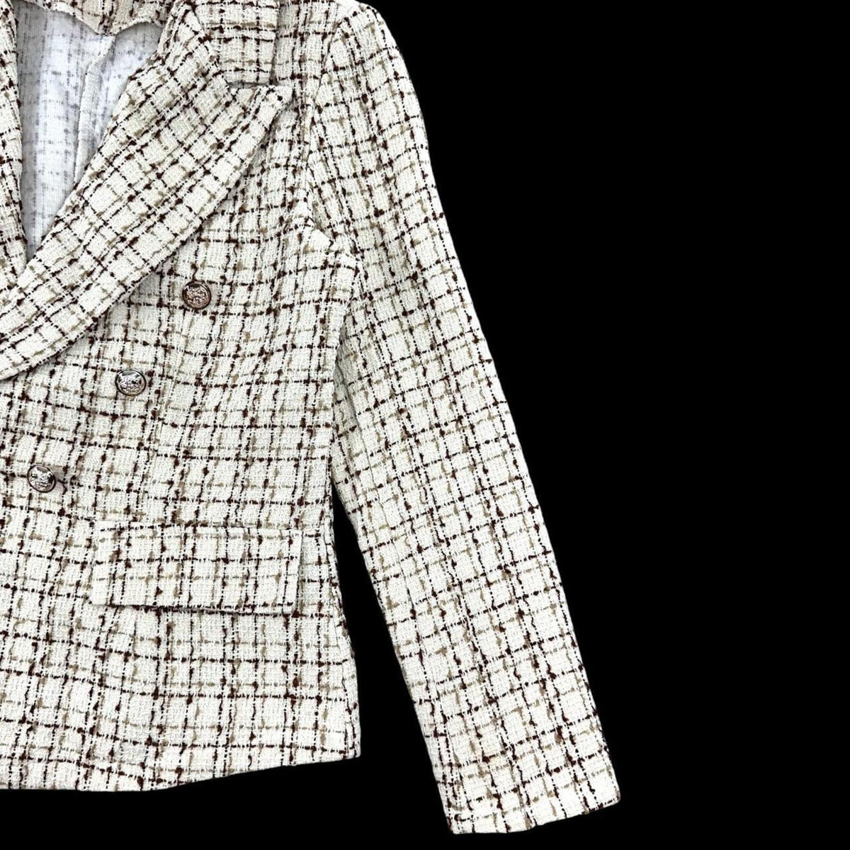 SHEIN Cream and Brown Tweed Double Breasted Blazer with Gold Buttons
