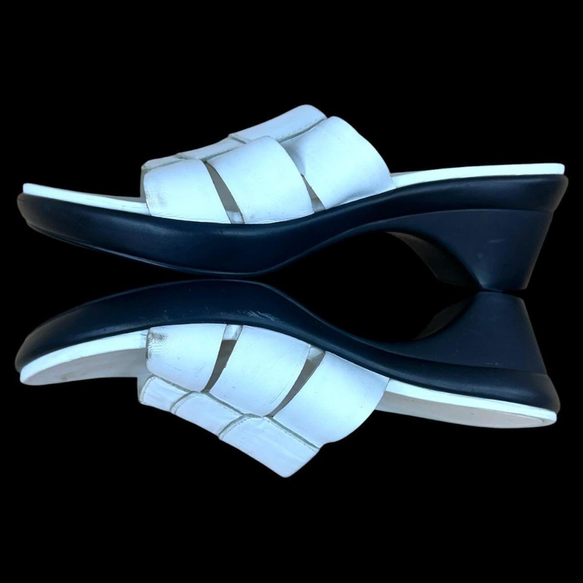 Nine West White Leather Slide Sandals Low Block Heel