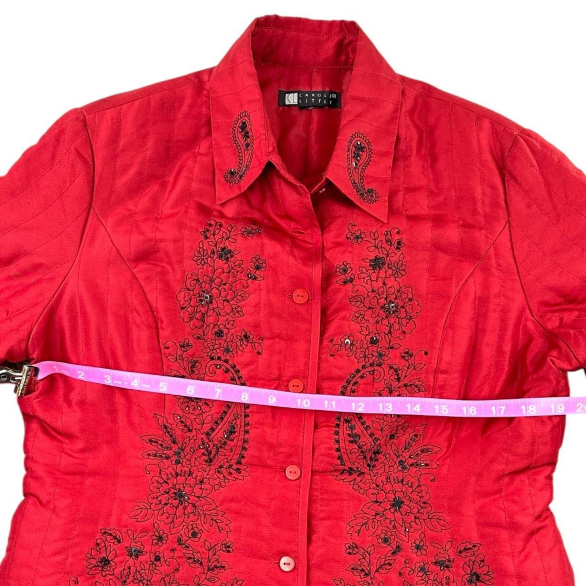 Carole Little Vintage Red Quilted Silk Jacket with Black Floral Embroidery