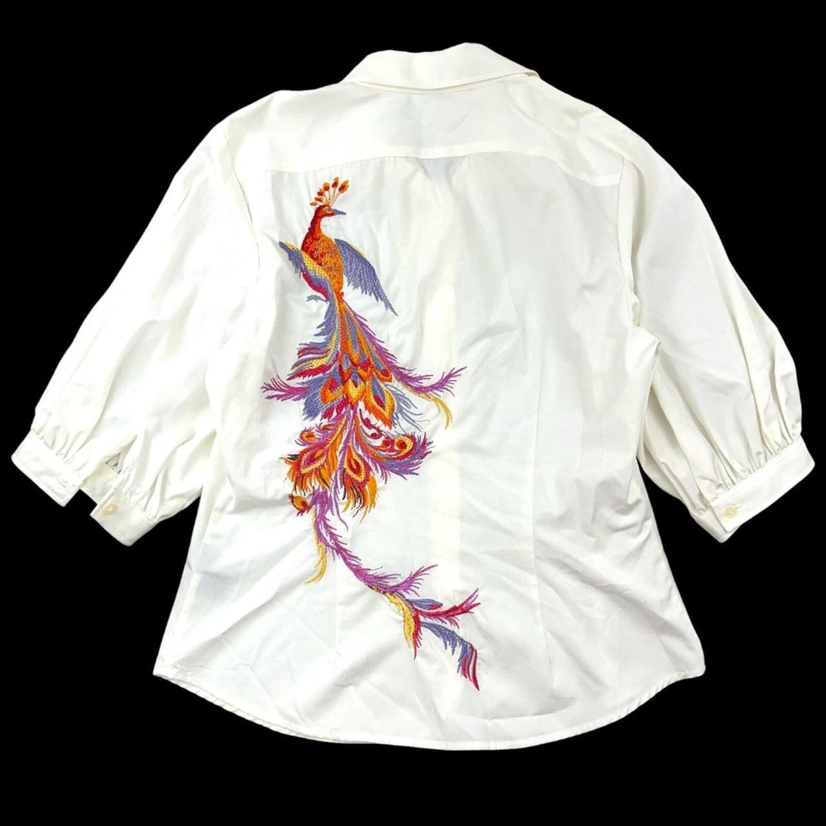 Lauren Ralph Lauren White Cotton Blouse with Vibrant Peacock Embroidery Boho Y2K