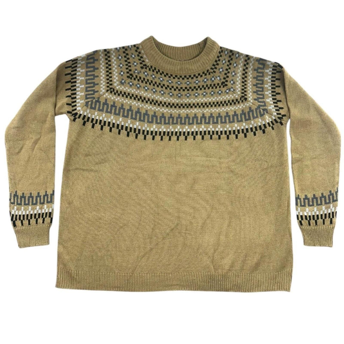 Tan Nordic Style Sweater Crewneck Geometric Pattern Knit Pullover