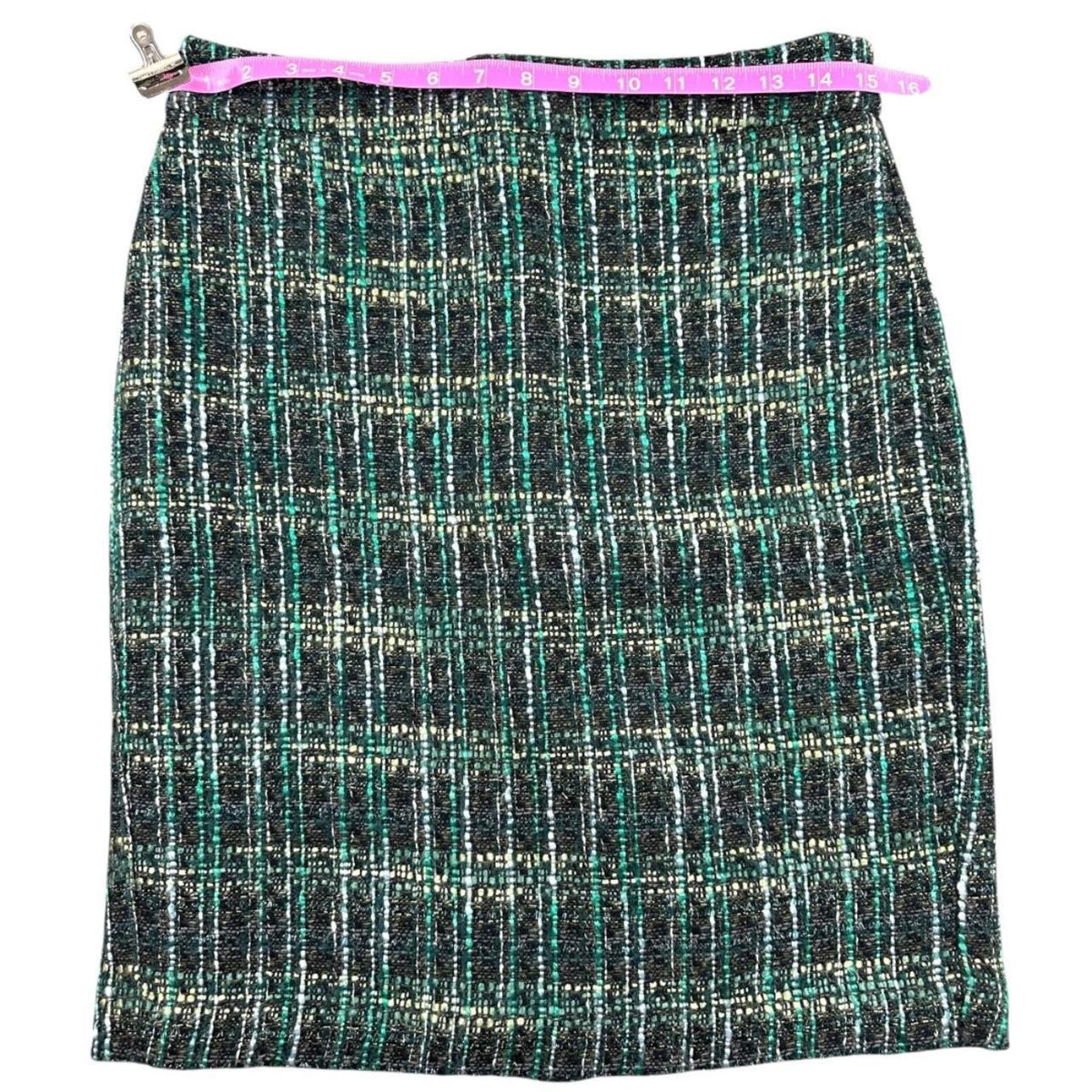 Ann Taylor Tweed Pencil Skirt Green Blue Geometric Pattern Knee Length