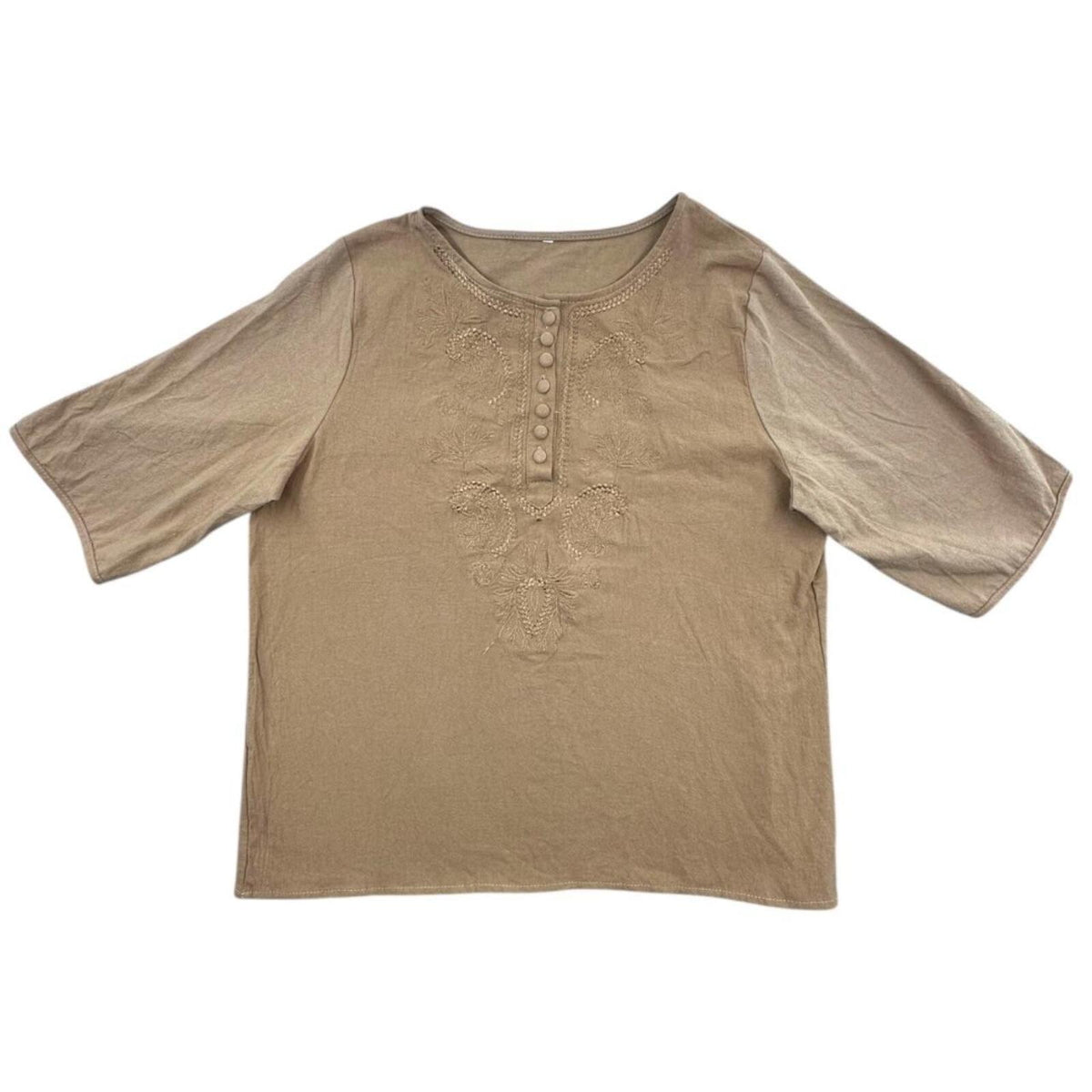 Tan Embroidered Bohemian Henley Top 3/4 Sleeves