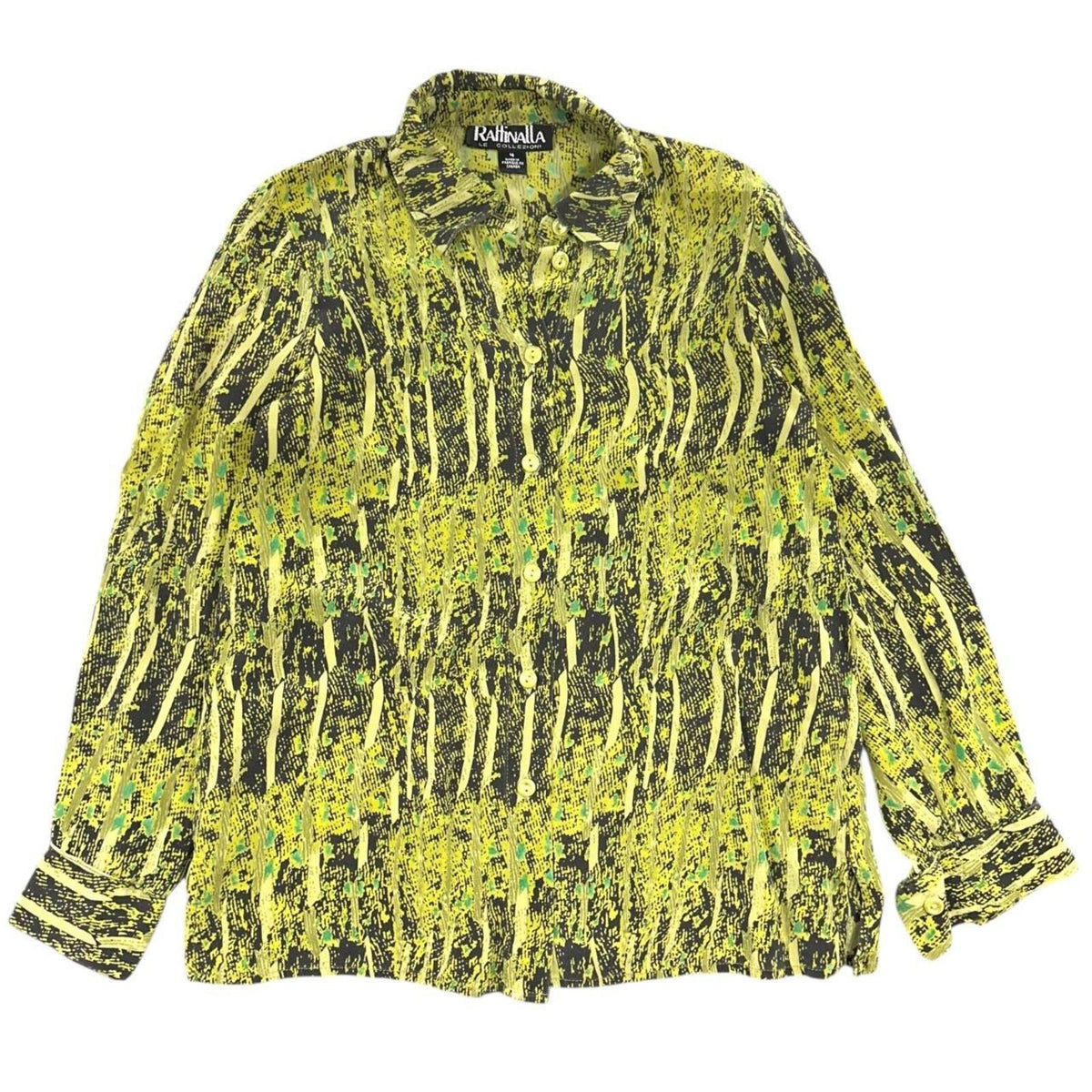 Raffinalla Vintage Neon Lime Yellow and Black Abstract Brushstroke Blouse
