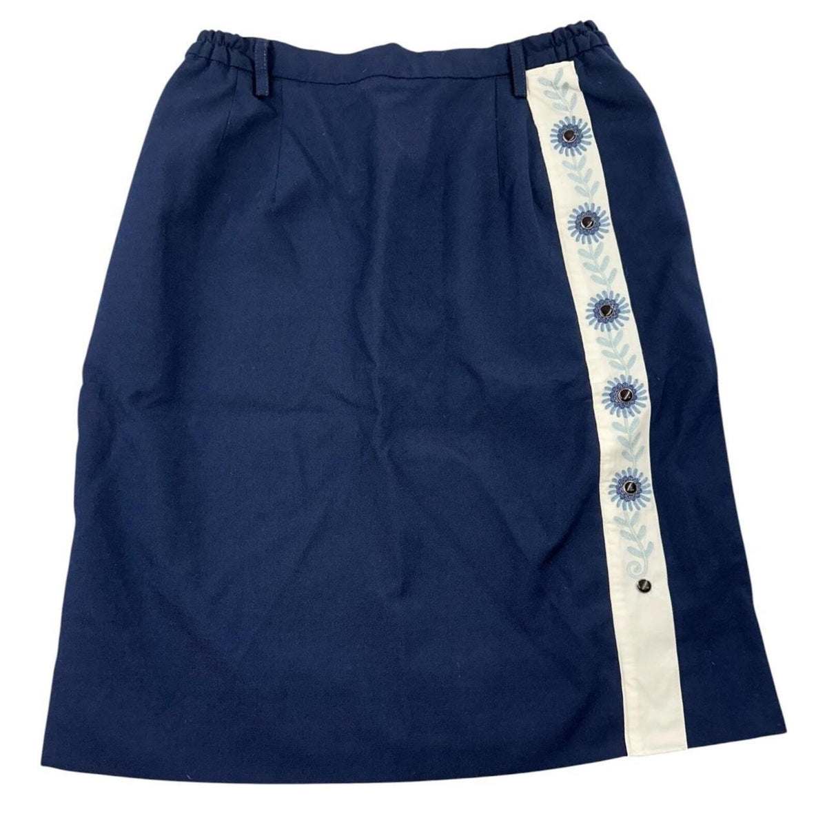 Vintage DSCP Navy A Line Skirt with Blue Floral Embroidery White Contrast Panel