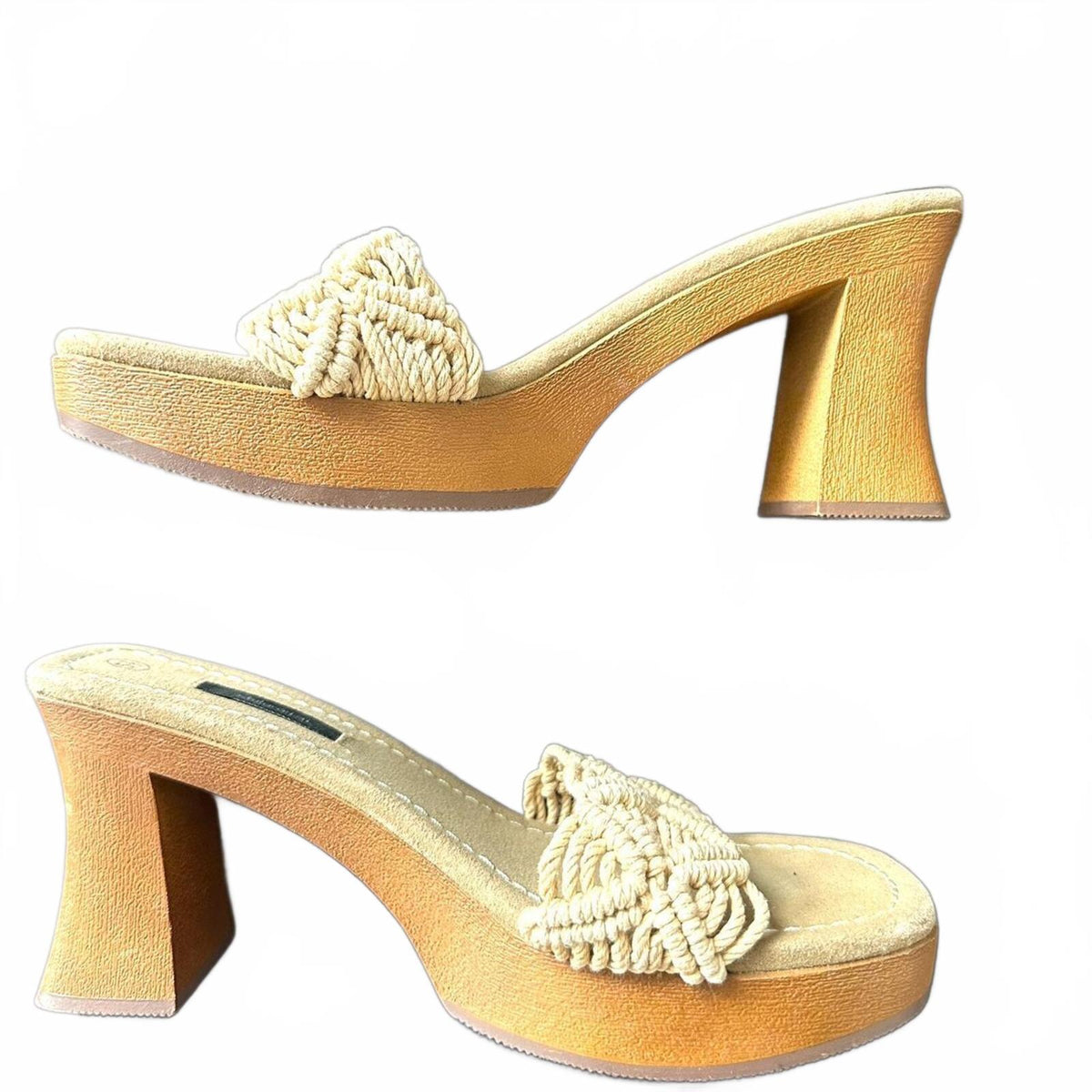 Xhilaration Y2K Macrame Chunky Flared Block Heel Sandals Tan Brown