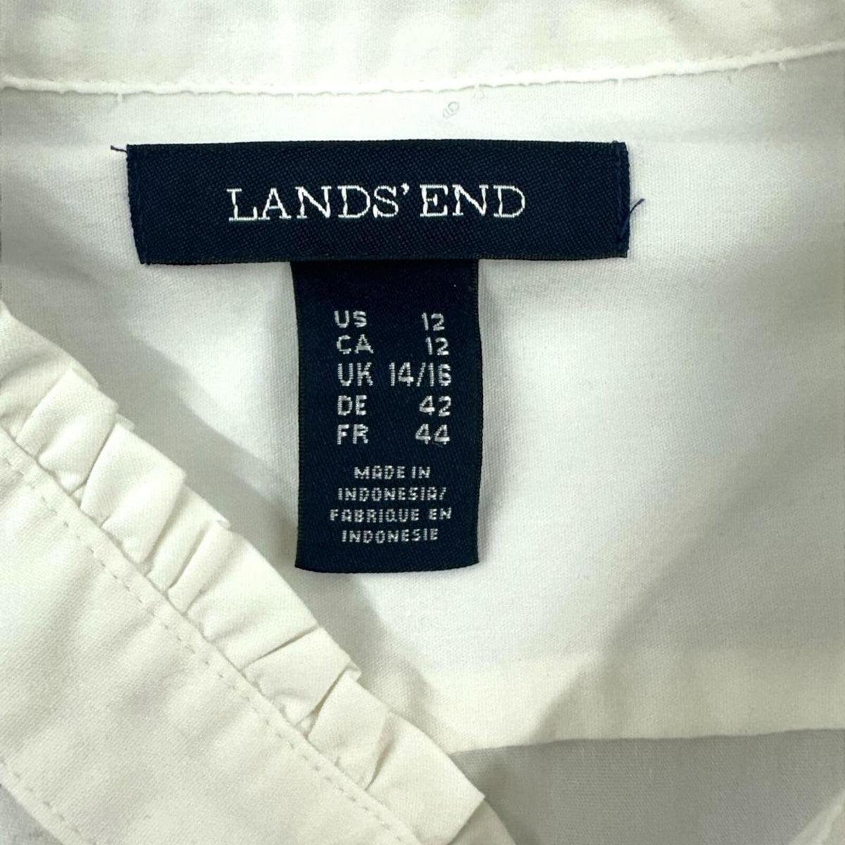 Lands' End White Sleeveless Button Up Shirt with Ruffle Collar