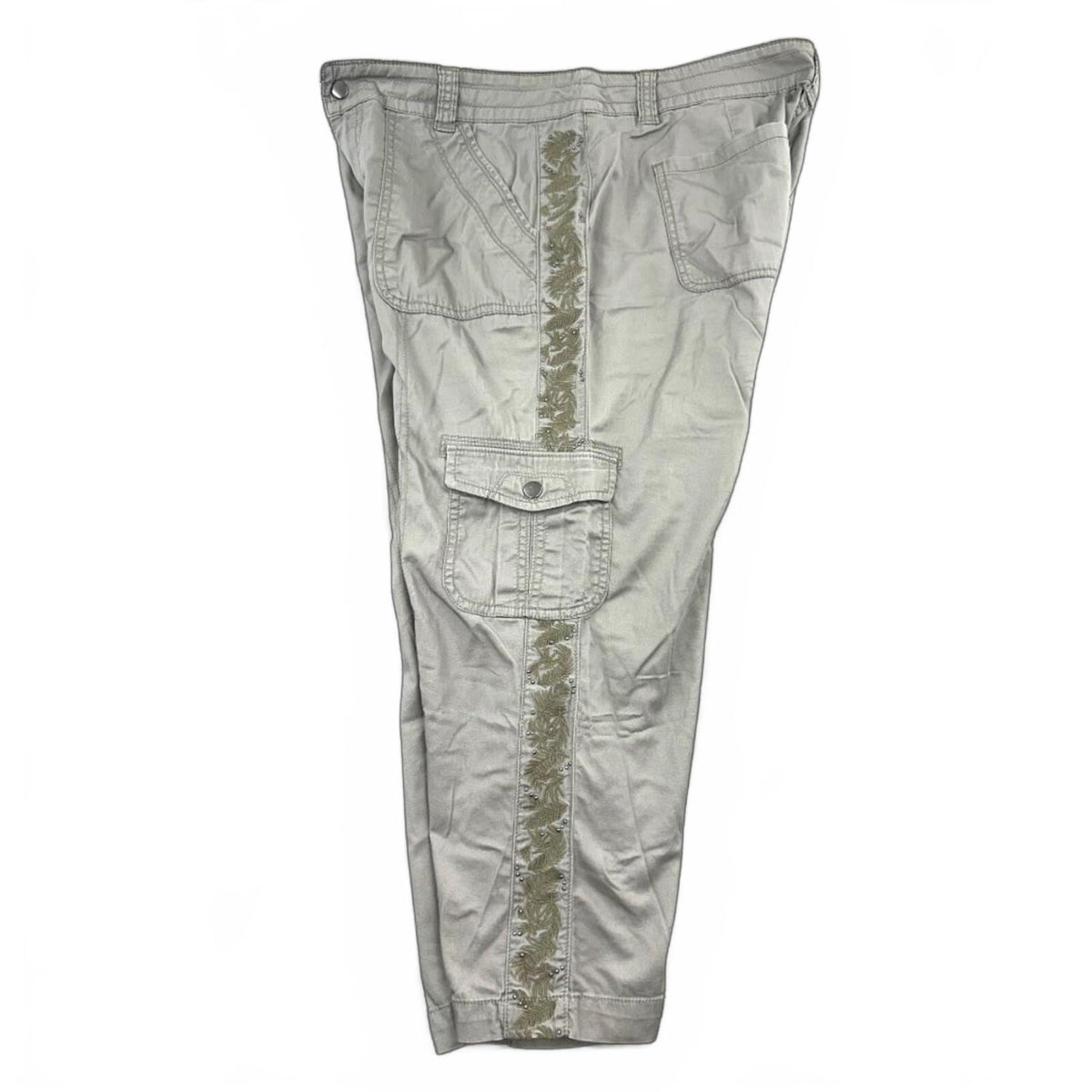 Y2K Khaki Gray Cropped Cargo Pants with Embroidered Side Detail