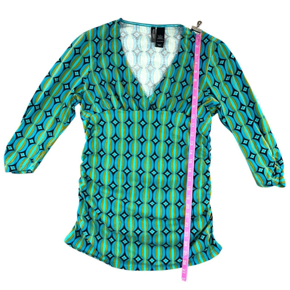 Bisous Y2K Retro Indie Blue Multi Geometric Print V Neck 3/4 Sleeve Blouse
