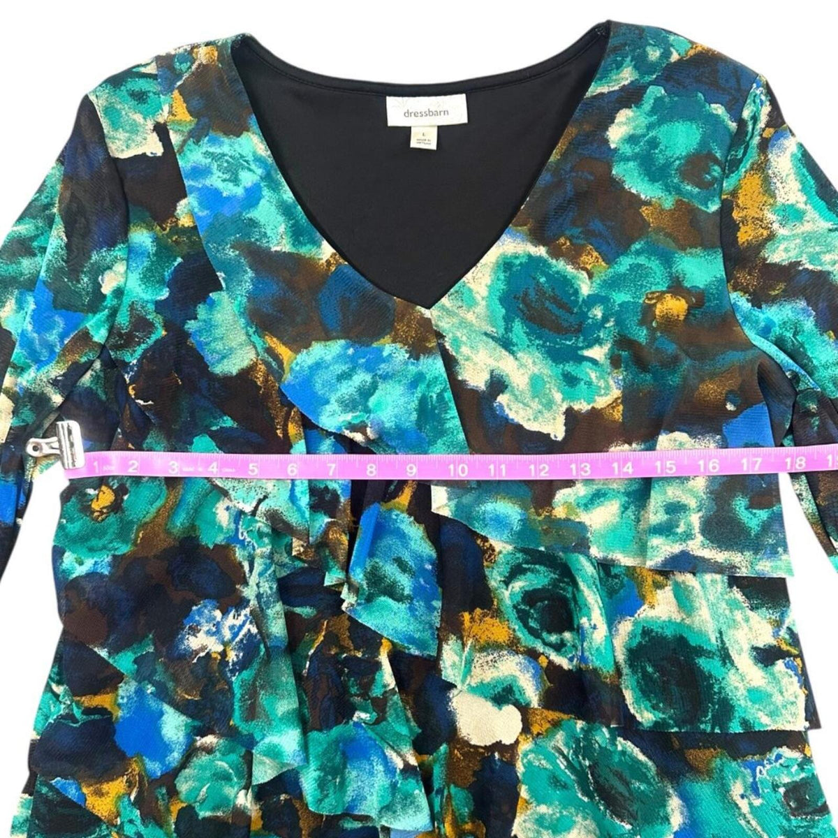 Dressbarn Y2K Floral Print V Neck Ruffle Blouse in Blue Teal Green