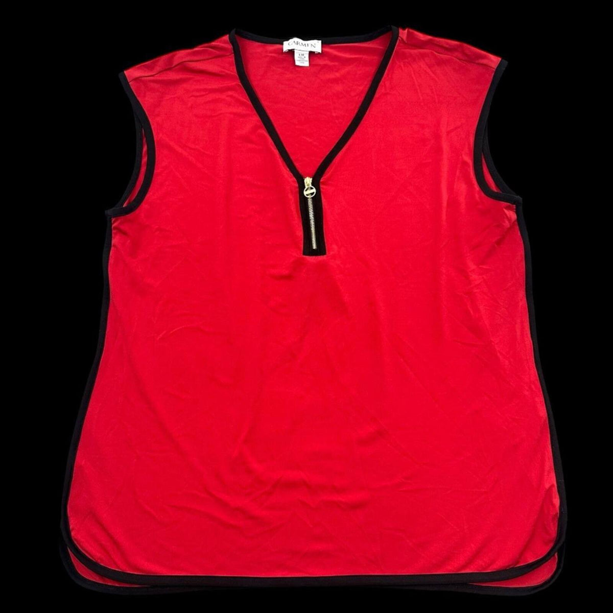Carmen Marc Valvo Red Sleeveless Blouse with Black Trim and Zip Front