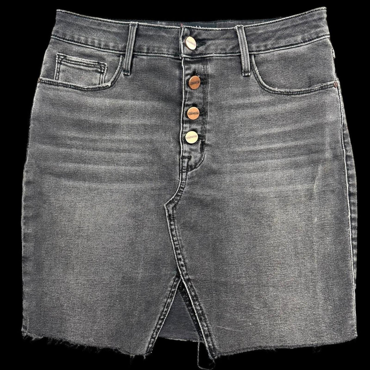 Sanctuary Denim Mini Skirt Black Gray Button Front Raw Frayed Hem Streetwear