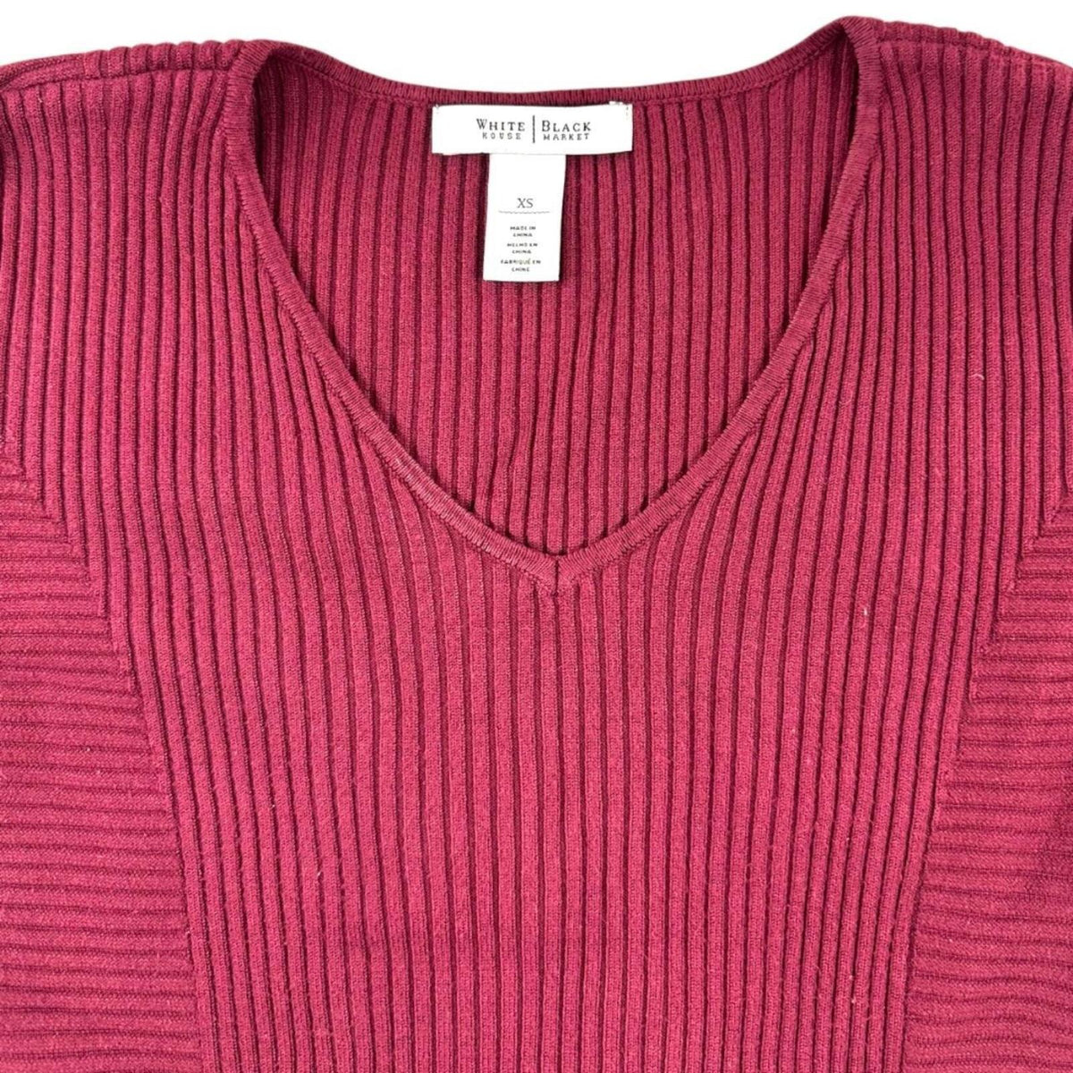 White House Black Market Burgundy V Neck Ribbed Sweater Elegant Preppy Minimal