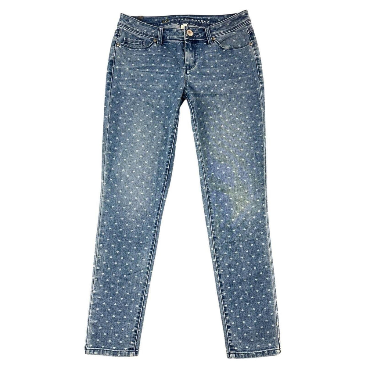 LC Lauren Conrad The Pencil Jeans Blue Denim White Heart Print Y2K Coquette