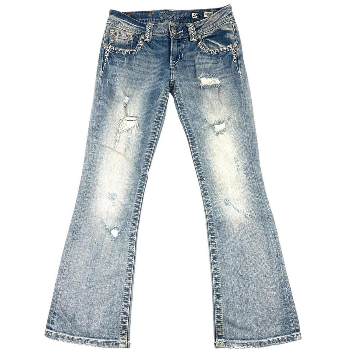 Miss Me Y2K Bootcut Jeans Rhinestone Embellished Pockets Distressed Detailing