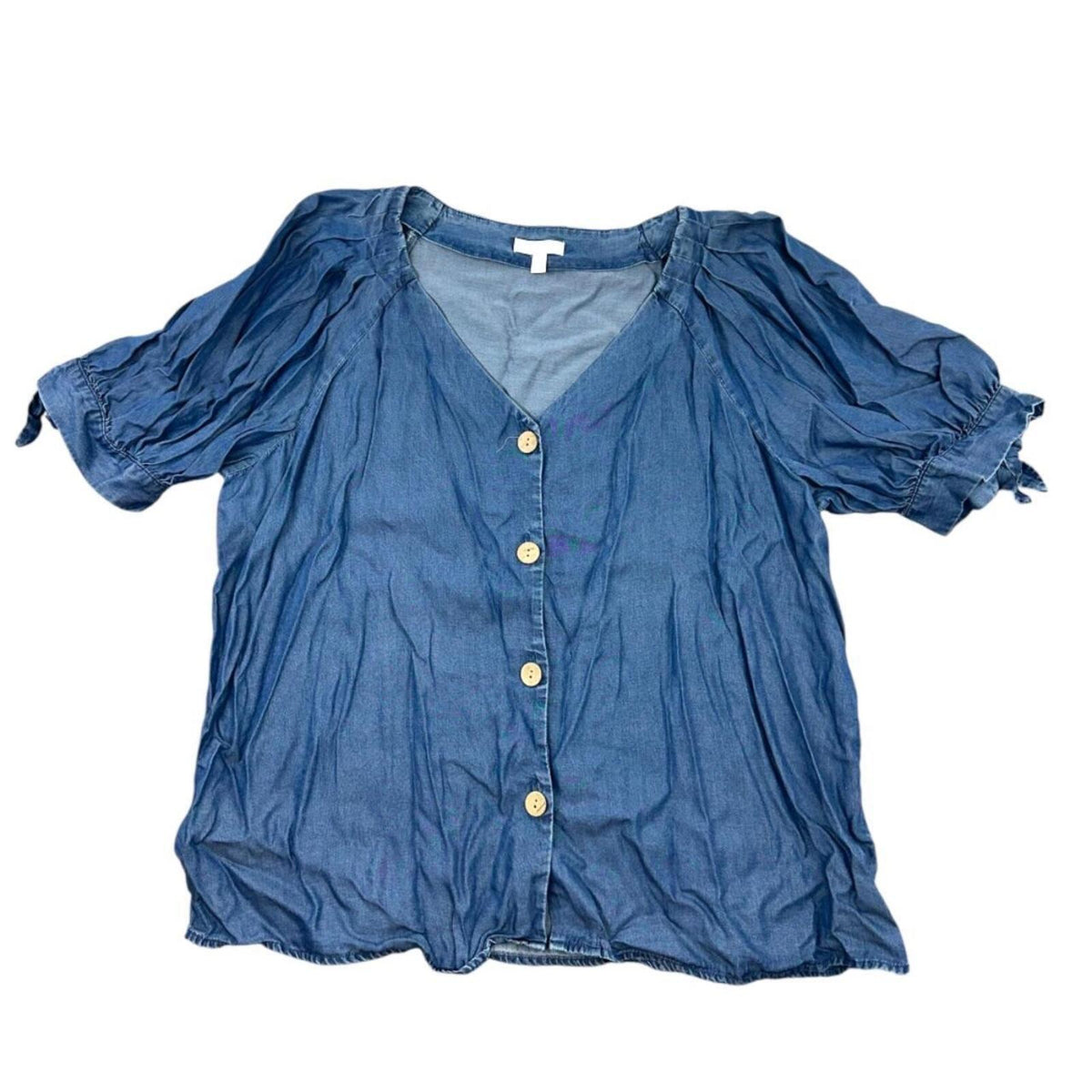 Lauren Conrad Denim V Neck Button Up Puff Sleeve Blouse