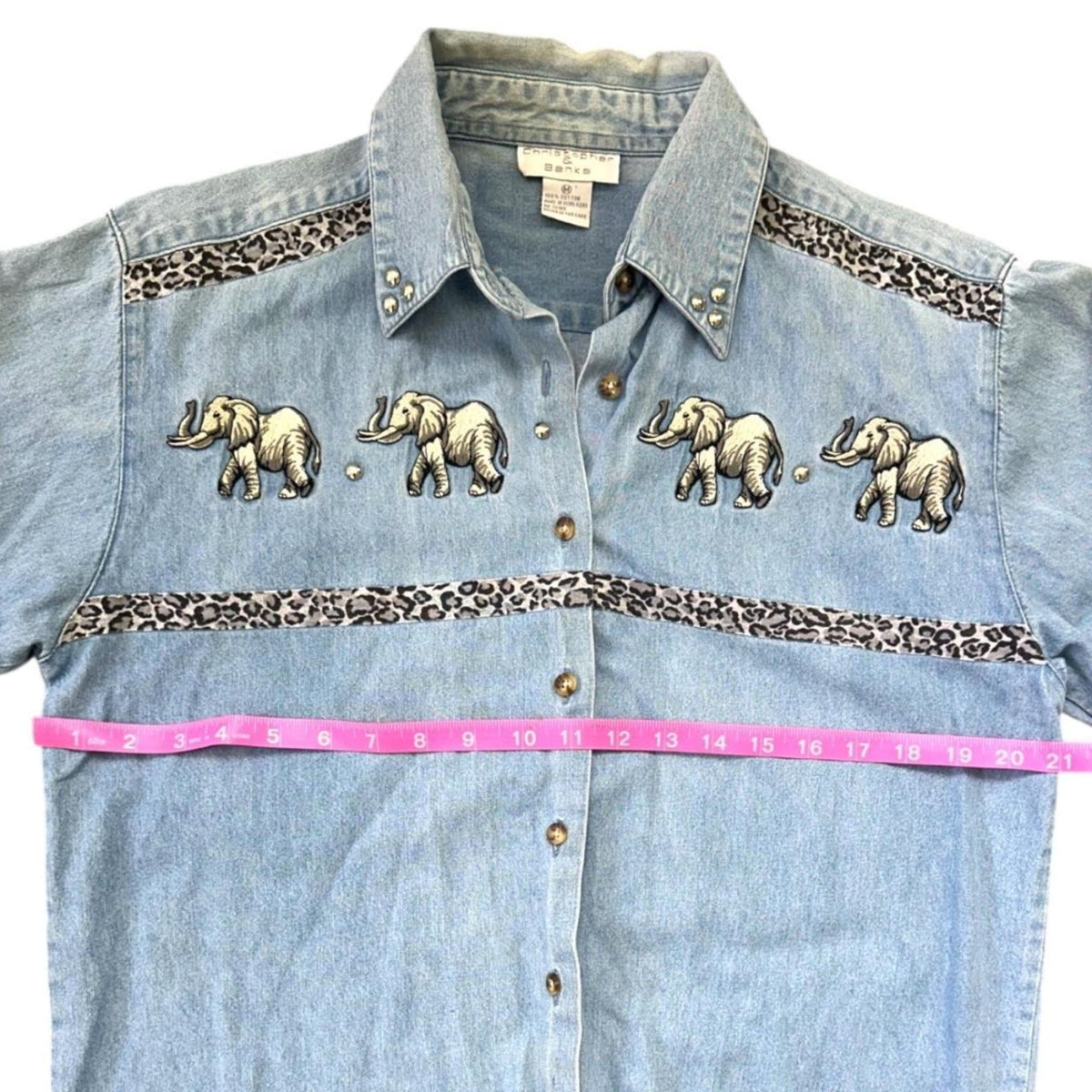 Christopher & Banks Vintage Denim Shirt with Embroidered Elephants Leopard Trim