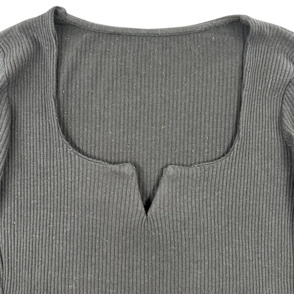 Black Ribbed Long Sleeve Top with Notch Neckline Y2K Minimalist Preppy