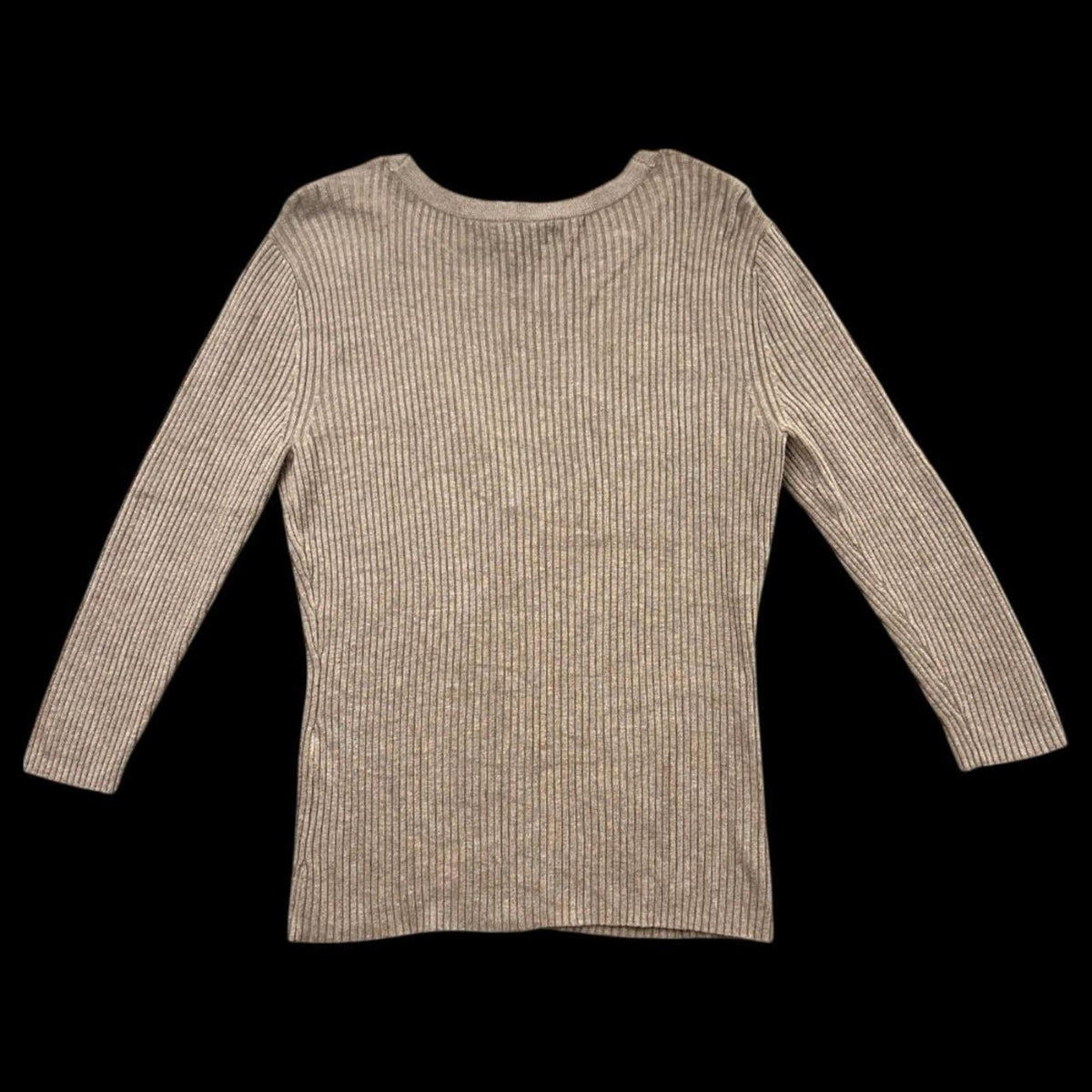 New York & Company Beige Ribbed V Neck Cardigan 3/4 Sleeve Minimalist
