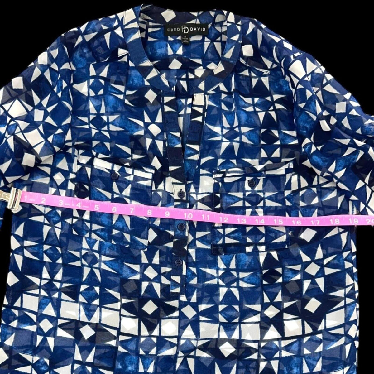 Fred David Geometric Blue and White Blouse Bohemian Casual Preppy