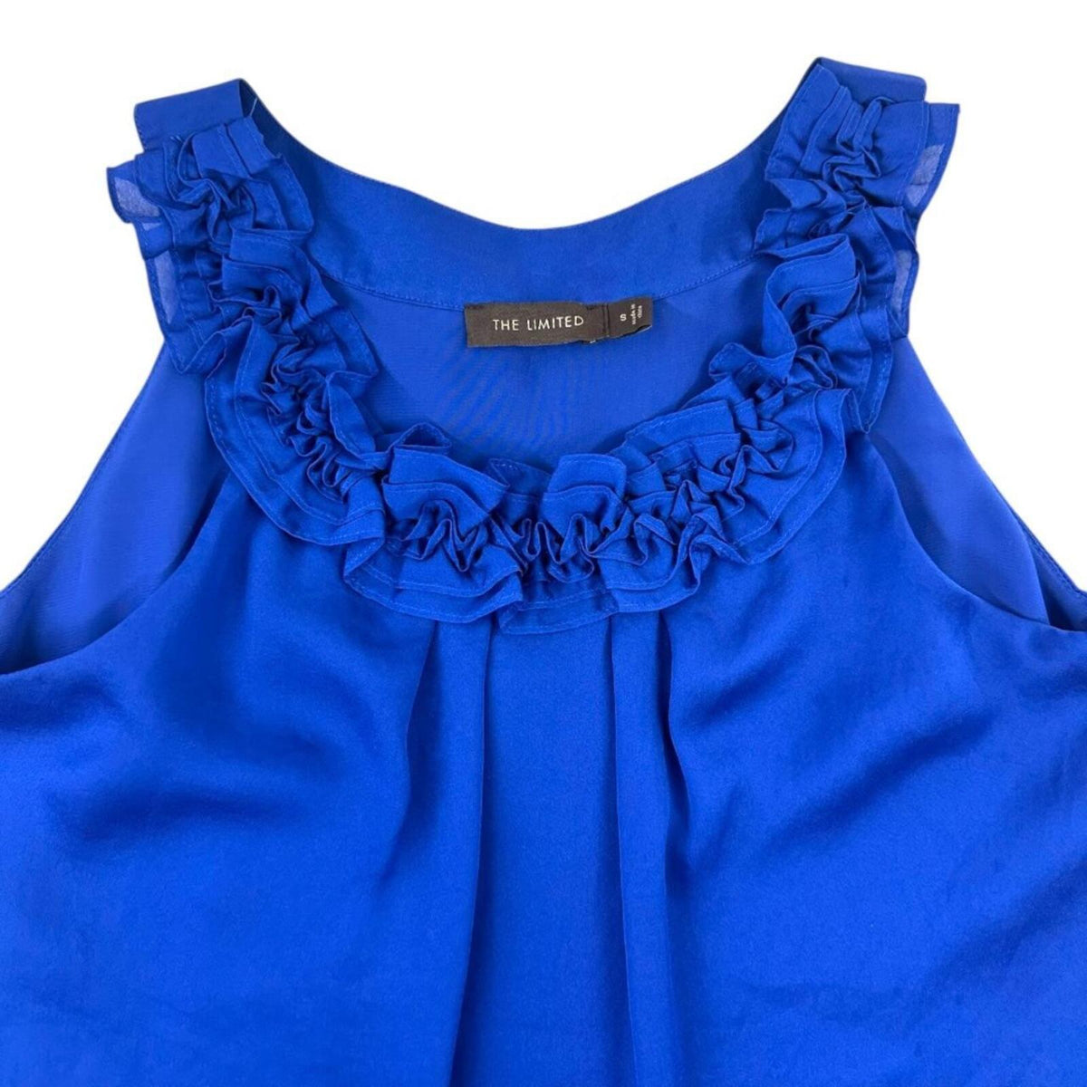 The Limited Royal Blue Satin Sleeveless Top with Ruffled Neckline