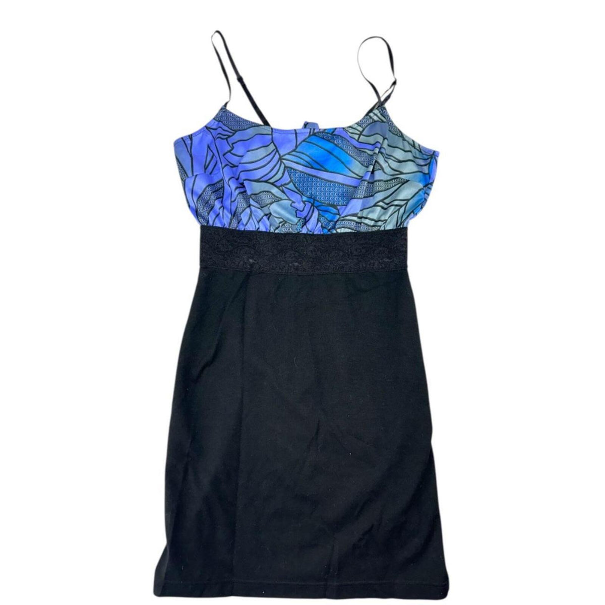 Free People Bold & Banded Mini Dress Black Blue Abstract Pattern Lace Waist Y2K