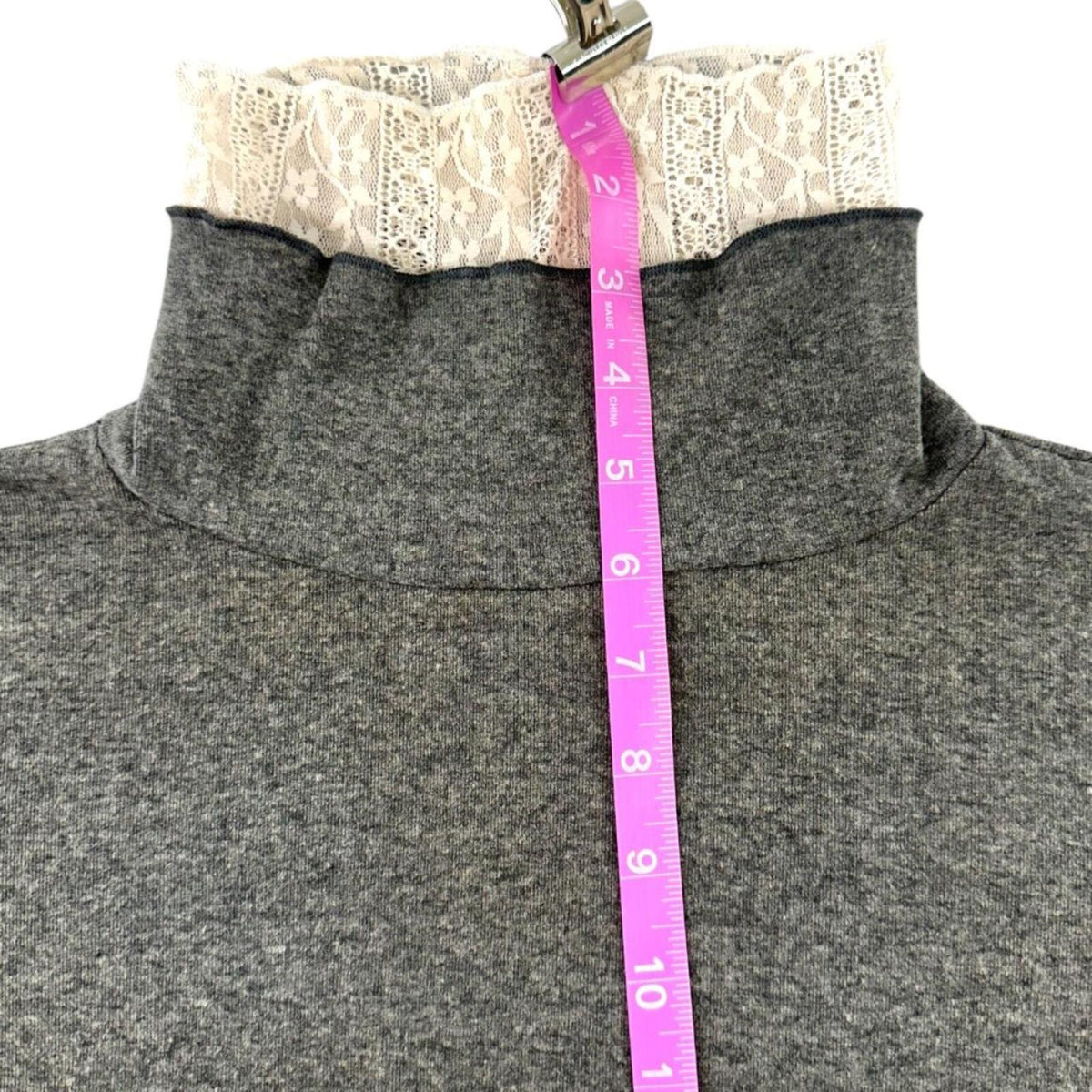 Heathered Charcoal Gray Long Sleeve Turtleneck Top with Off White Lace Trim