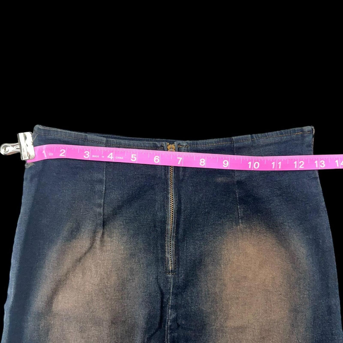 MOA Long Distressed Denim Skirt Dark Wash with Brown Copper Accents