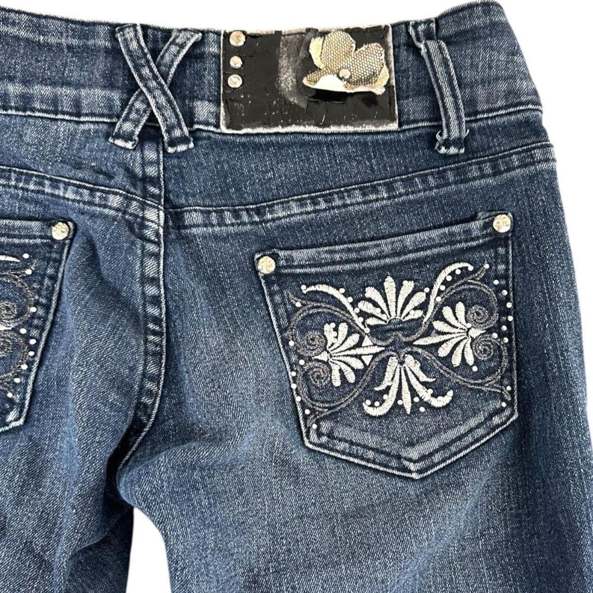 Miss Rudy Dark Wash Embellished Skinny Jeans Y2K Bohemian Indie