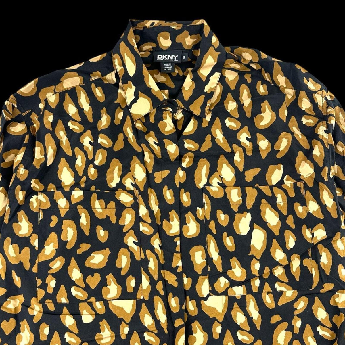 DKNY Leopard Print Shirt Dress Black Brown Y2K Mob Wife Glam