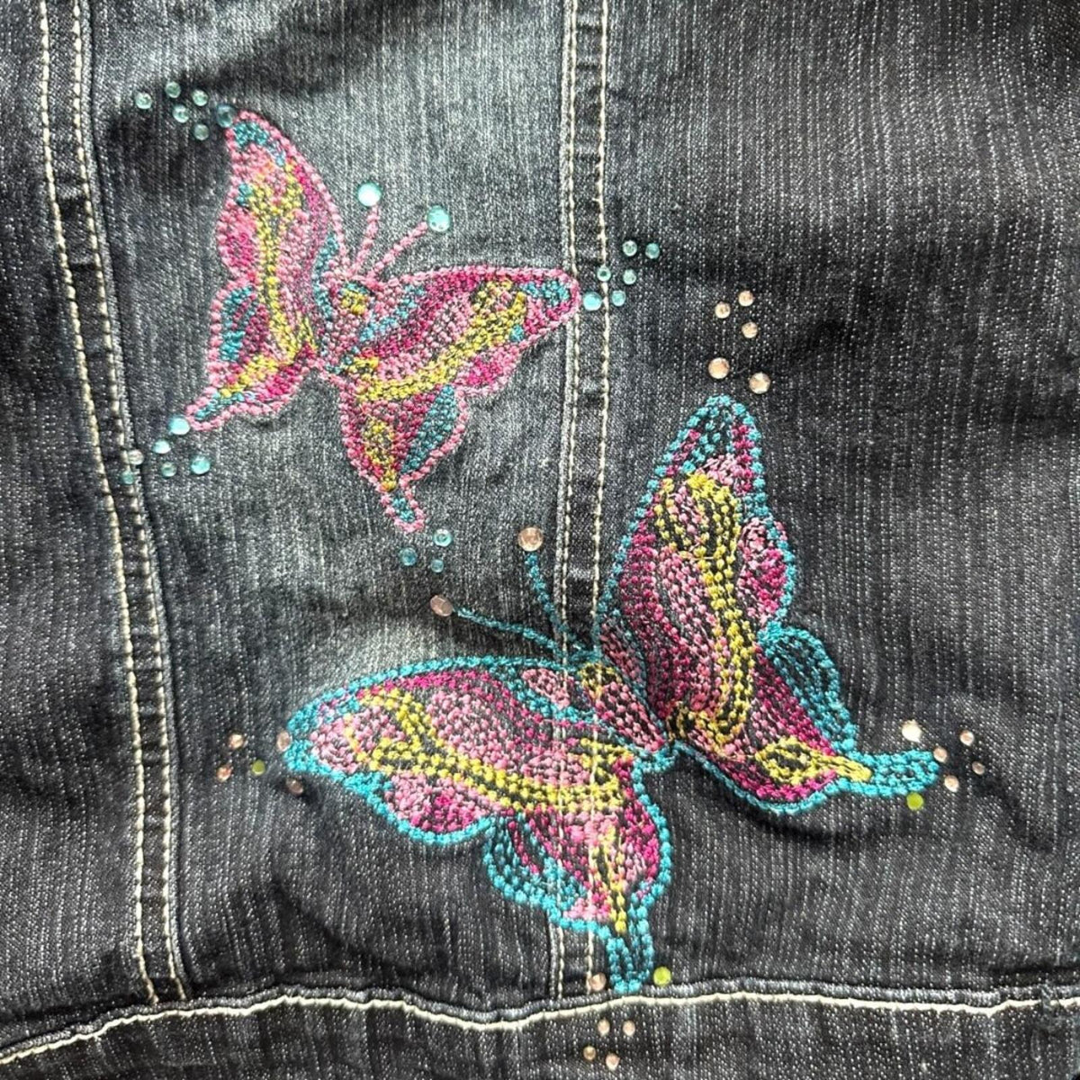 Arizona Jean Company Y2K Butterfly Embroidered Denim Jacket in Dark Wash