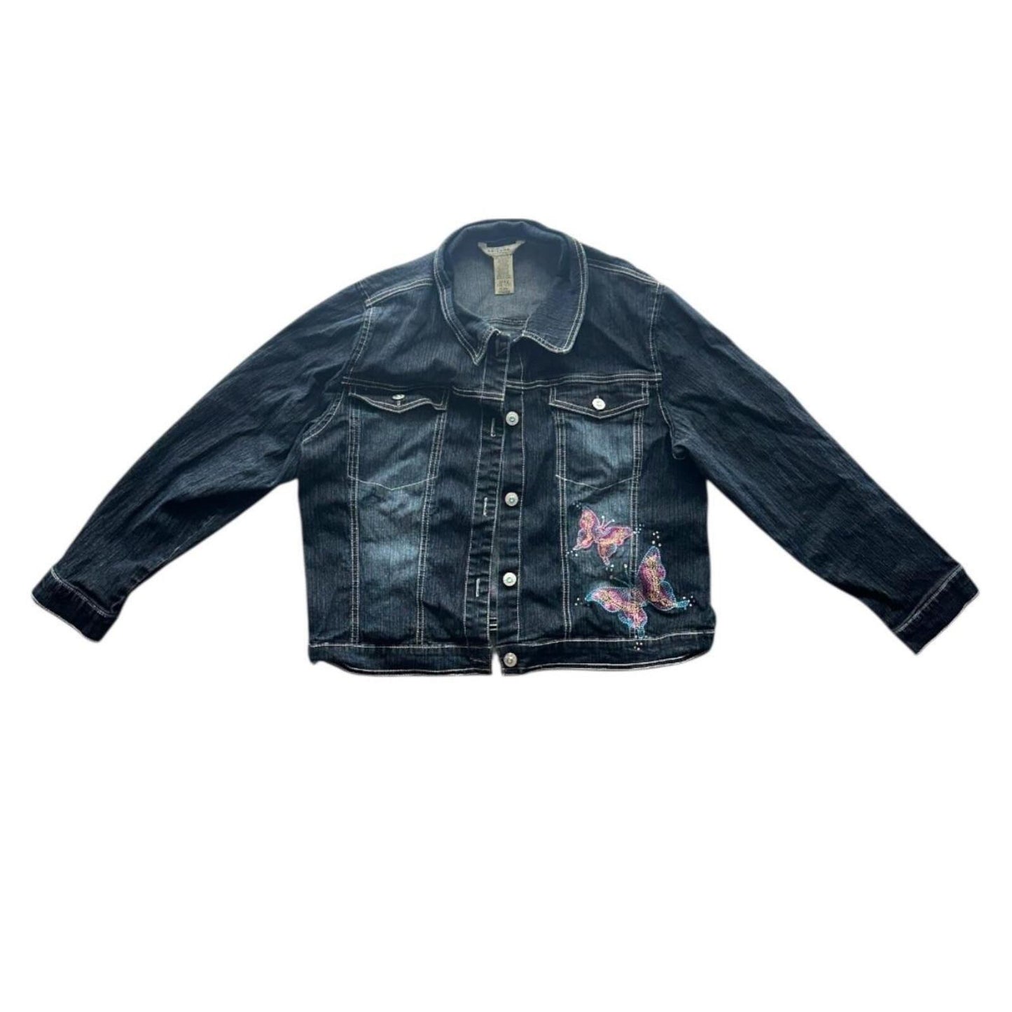 Arizona Jean Company Y2K Butterfly Embroidered Denim Jacket in Dark Wash