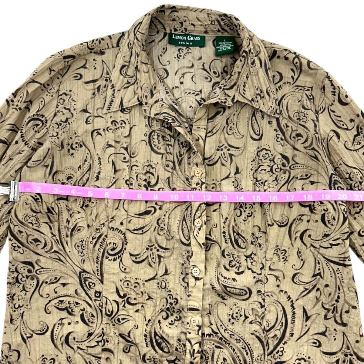Lemon Grass Studio Brown Tan Paisley Button Down Blouse Y2K Bohemian Casual
