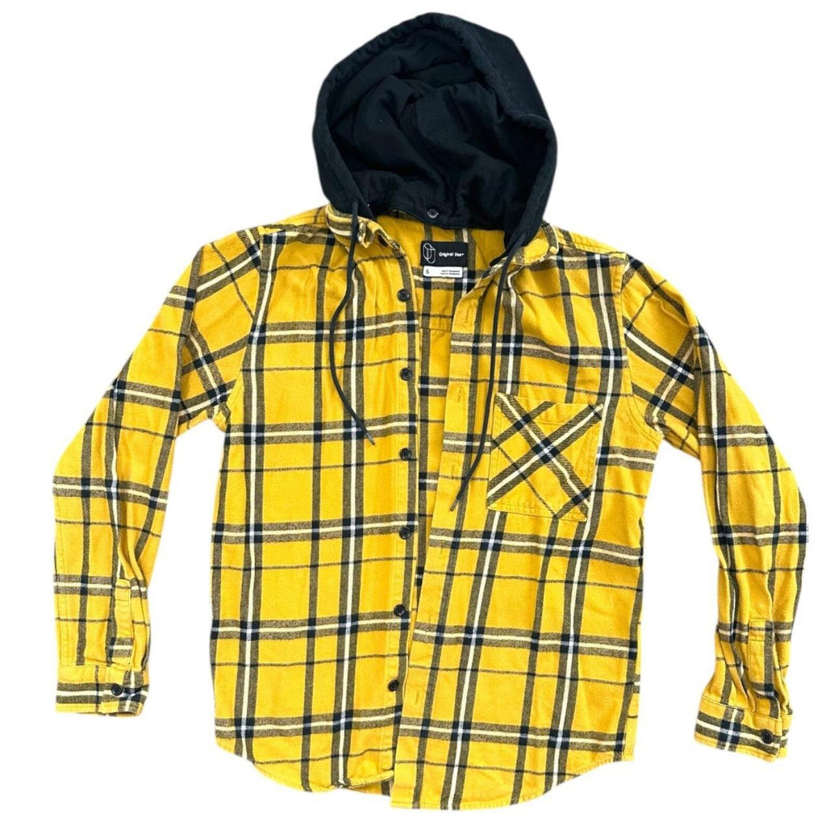 Original Use Long Sleeve Hooded Flannel Shirt Yellow Black White Plaid
