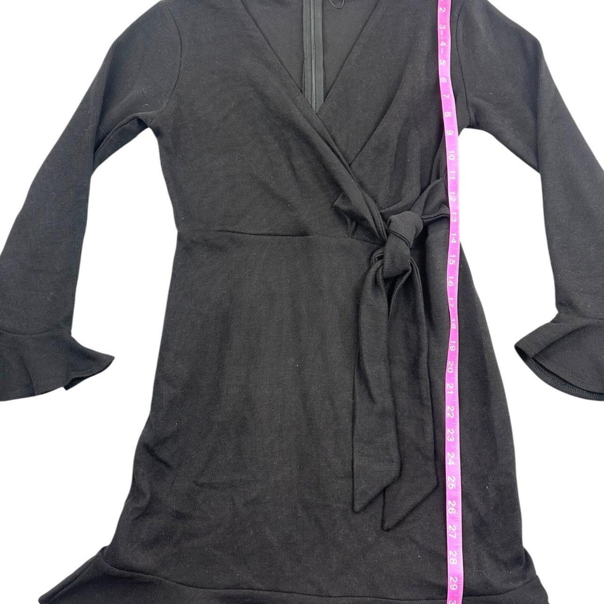 R. Vivimos Black Wrap Mini Dress with Bell Sleeves and Ruffled Hem