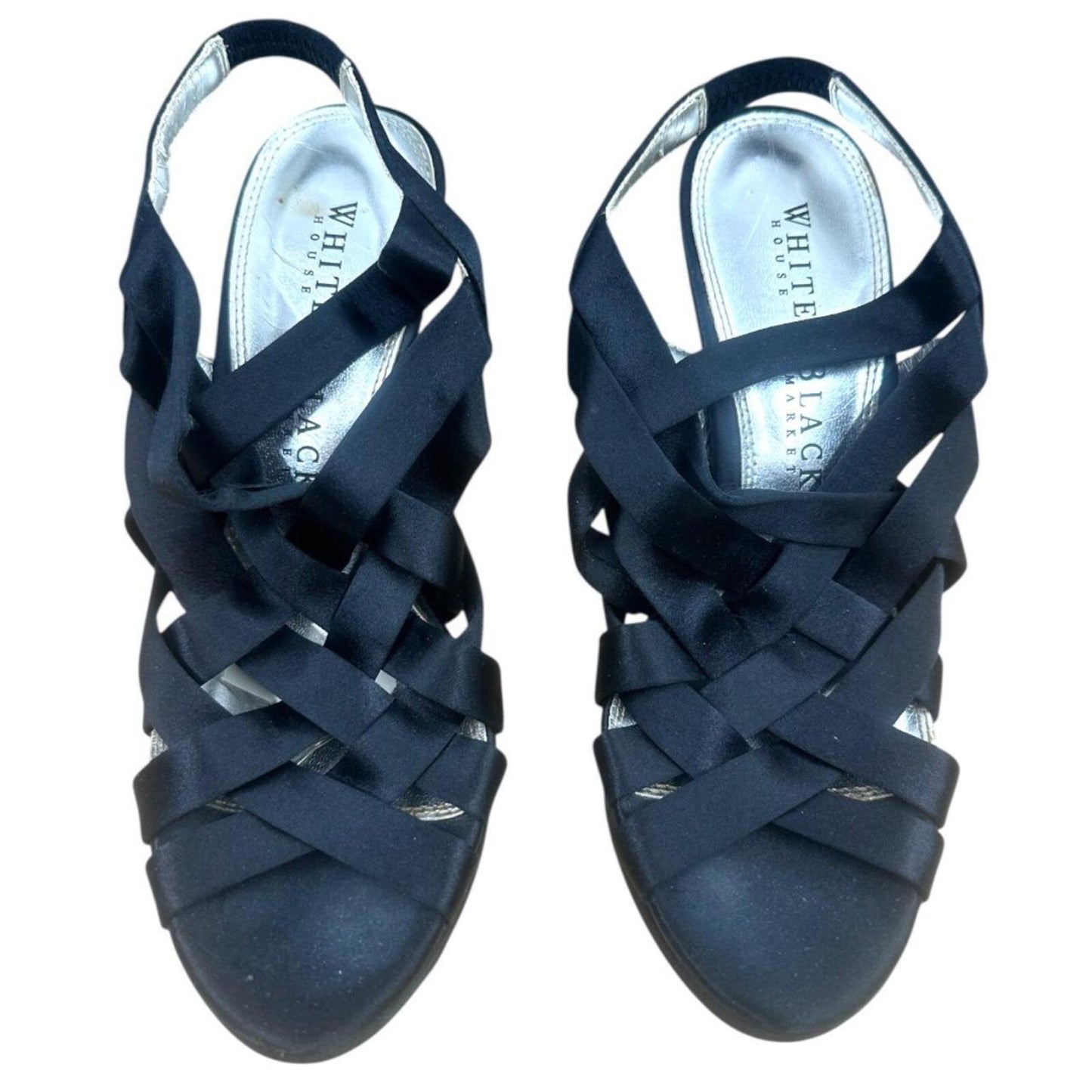 White House Black Market Carysn Black Satin Strappy Platform Heels Y2K Glam