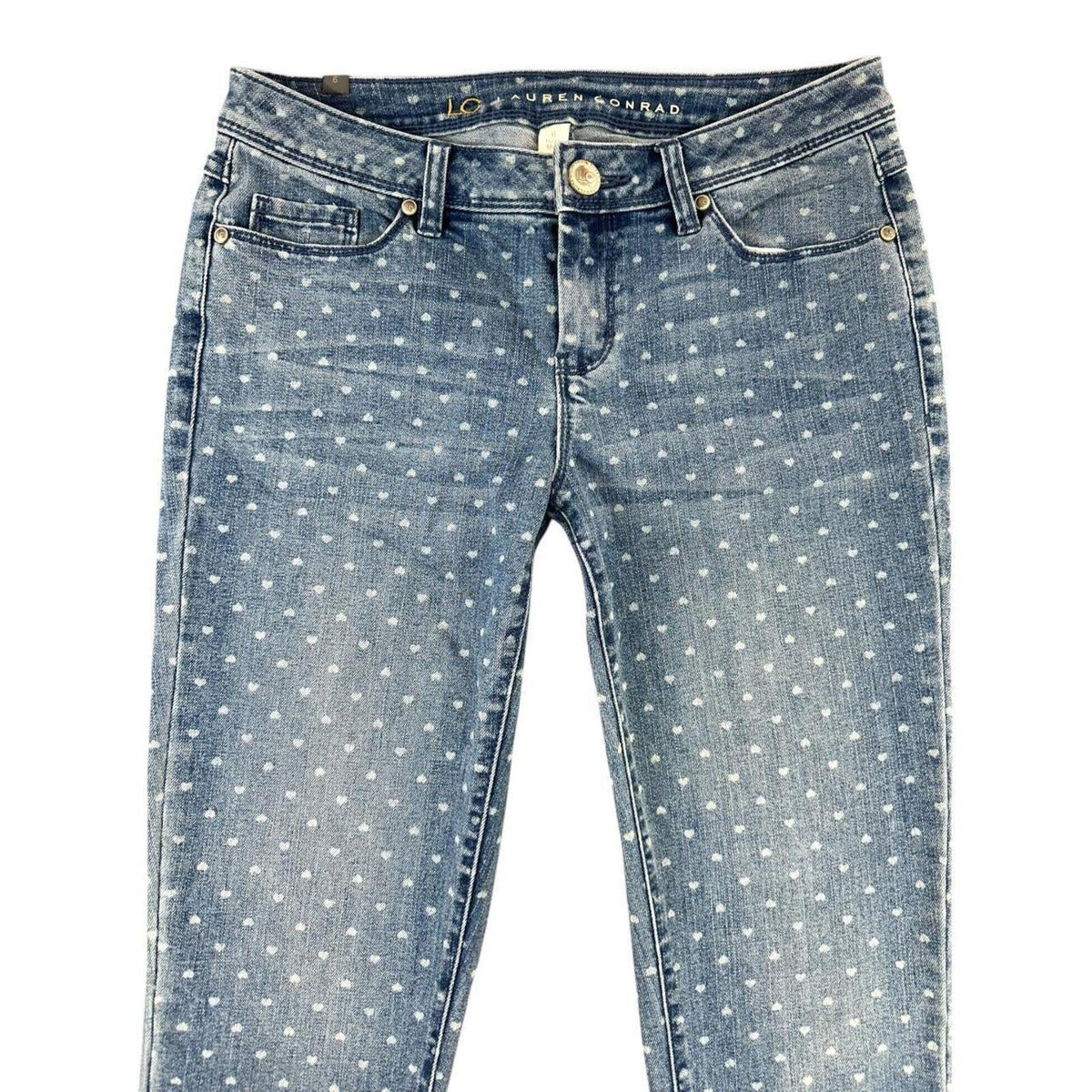 LC Lauren Conrad The Pencil Jeans Blue Denim White Heart Print Y2K Coquette
