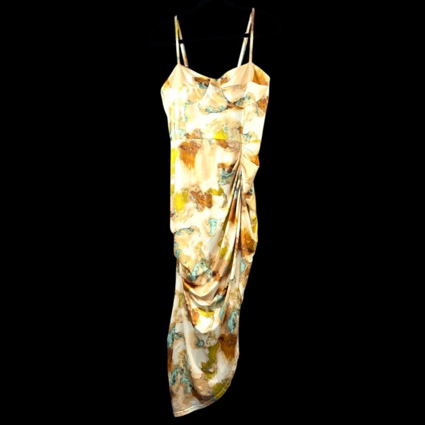 Ruched Abstract Midi Slip Dress Yellow Green Artistic Print